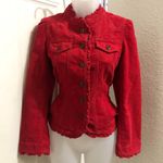 Loft 2000s y2k Red corduroy slim fit fitted button up long sleeve jacket with ruffle hemline and pockets Photo 4