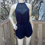 A'Gaci A’GACI Navy Blue Romper Lace Line Slit Back Stretchy Short Sleeveless size small Photo 1