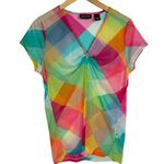 Y2K Rainbow Sheer Mesh Printed Top Sz XL Pink Photo 0