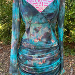 Pretty Little Thing Abstract Flame Print Mesh Corset Ruched Bodycon Dress Size 6 Photo 0