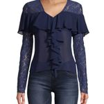 Nicole Miller  Atelier Navy Blue Silk Blouse size Small Lace Trim Long Sleeves Photo 0