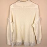 Umgee Women’s Waffle Knit Fringe Sleeve Hem Detail Mock Neck Cream Sweater Photo 4