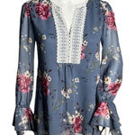 White House | Black Market Shirt Womens 0 Blue Pink Floral Tunic Blouse Peasant Photo 0
