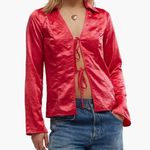 Free People Star Eyes Crinkle Satin Top - Retro Red M Photo 6
