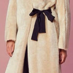 H&M  Cream Beige Faux Fur Suede Lined Coat Black Contrast Waist Tie Size Large Photo 0