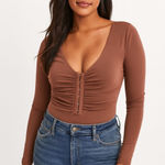 Abercrombie & Fitch Brown Long-Sleeve Slinky Hook-and-Eye Bodysuit Size S Photo 0