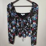 Peter Som Tie Detail Crop Top Floral Long Sleeve Casual Ruched Neutral Black Photo 13