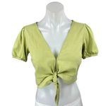 Hollister Women's Green Short Puff Sleeve Deep V Neck Tie Hem Crop Top Size S Photo 0