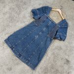 SO  Women’s Denim Mini Dress Square Neck Puff Sleeve Smocking Panels Size L Photo 8
