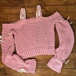 Women’s Handmade Crochet long sleeve off shoulder cropped cotton pink sweater Photo 4