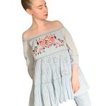 Free People Loose Embroidered Light Blue Off Shoulder Floral Tunic Photo 0