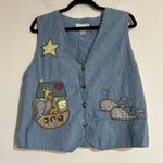 Vintage Animal Arc Embroidered Whale Elephant Giraffe Lion Denim Vest Novelty Blue Size M Photo 0