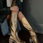 Free People Metallic Gold Shiny Essential Tall Slouch Block Heel Boots Size 7.5 Photo 0