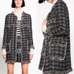 ZARA Houndstooth Tweed Fringe Frayed Jacket Cardigan Coat Sweater Blazer NEW Photo 2