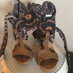 Mtng spectacular wood sandals cloth tie‎ heels 36 women’s 5.5 Brown Photo 0