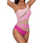 Women's One Shoulder Bright Pink Ombre Mesh Colorblock Swim Suit Large NWOT Photo 5