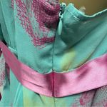 BCBGMAXAZRIA  Silk Y2K Teal Print Pink Bow Ruffled Zip Side Spag Strap Dress 10 Photo 7