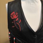 Red Rose Inlaid Suede Black Fringed Real Leather Biker Vest Lace Sides Small Photo 3