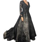 Goth Black Wedding Train Appliqué Dress Size 8 Photo 1