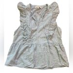 Loft Blue and White Striped Cotton Ruffle Shoulder Tie Neck Peplum Blouse Photo 3