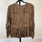Leopard Peplum Blouse Long Sleeve Boho Chic Flowy Tiered Hem Top Women’s Small Brown Photo 9