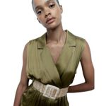 ZARA NWT Satin Effect Belted Wide leg cropped Jumpsuit Olive Green sz Small Photo 2