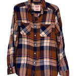 Mossimo Boyfriend Fit Plaid Button Down Shirt Womens Medium Brown Navy Photo 0