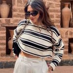 ZARA Black Ivory Striped Cropped Rustic Sweater Photo 6
