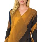 Clara Sun Woo Top Crossover Faux Wrap Size Large Navy Mustard Long Sleeve Travel Gold Photo 0