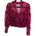 Free People  Time For Shine Mesh Cropped Smocked Pink Purple Floral Blouse Top L Photo 5