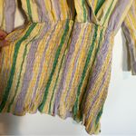 ZARA Woman’s Deep V Neck Purple Green Yellow Striped Long Sleeve Mini Dress Lrg Photo 3