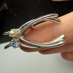 Vintage Double Wishbone Brooch Pin Silver Tone Blue Rhinestone Faux Pearl Lucky Photo 5