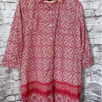 Lands' End Shirt Tunic Dress Button Down Red Pink Print Women's M Boho Photo 0