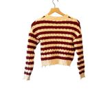 LNA Clothing Striped Cable Knit Cropped Sweater Burgundy Cream Extra Small Photo 4