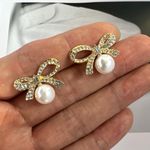 CZ Bow White Pearl Stud Earrings for Women Gold Photo 3