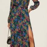 RTR Saloni Jacqui B Long Sleeve Multicolor Feather Print Side Slit Maxi Dress 2 Blue Photo 0