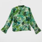 Vintage Green & Black Floral Bell Sleeve Collared Lace Blouse w/Ruffles Blue Size L Photo 2