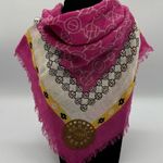 Henri Bendel  Knit Pink Yellow Ivory Logo Fringe Scarf Square Photo 0