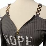 Chic Me  Gray Cold Shoulder Chain Strap Zip Up Long Sleeve Top •Size Medium Photo 4
