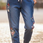 Driftwood X Free People Floral Embroidered Pull On Drawstring Denim Joggers Photo 0