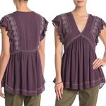 Free People Top Falling Water Plum Ruffle Sleeve Embroidered Tunic Top Small NWT Photo 1