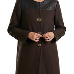 Etcetera  Leather Trim Long Coat Jacket Turnlock Closure Brown Size 6 Photo 0