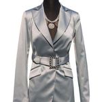 Cache Silver Gray Rhinestone Self-Belt Top Jacket Lined Satin Stretch NWT $238 Photo 0