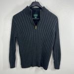 Ralph Lauren Lauren Women L Ribbed Quarter Zip Sweater Charcoal Gray 100% Cotton Photo 1