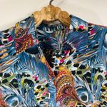Silky Peacock Blouse Sz Medium Bright Pattern Feathers Blue Photo 2