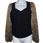 BAILEY 44 Black Thick Ribbed V-Neck Top Animal Print Long Sleeves NWOT Size S‎ Photo 1