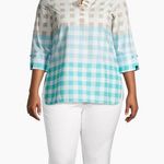 Ming Wang Top Womens 2XL Tan Blue Check Gingham Poplin 100% Cotton Tunic Ruffle Photo 0