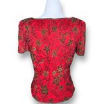 Vintage Papell Boutique Blouse Red Black Silk Embellished Metallic Floral Design Photo 5