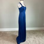 XScape  Satin Double Strap Sleeveless Column Evening Gown Blue Size 6 Thigh Slit Photo 3