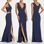 Dress the Population Sandra Plunge Crepe Trumpet Gown Mermaid Maxi Dress Blue Photo 2